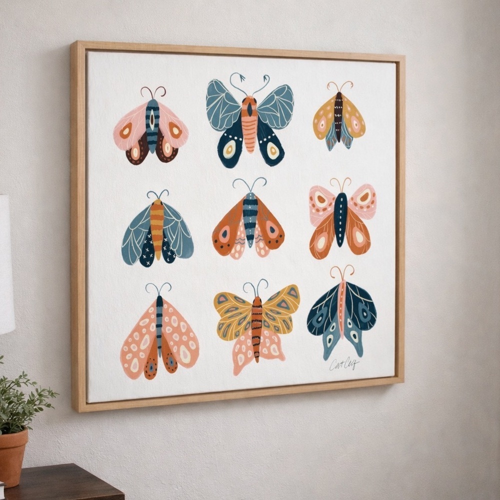 Kate and Laurel Sylvie Yellow Moth Specimens Framed Canvas Wall Art 24x24